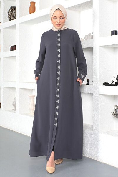 Tesettür Dünyası Antracitové trojúhelníkové flitry vyšívané hidžáb Ferace - Tsd 230331