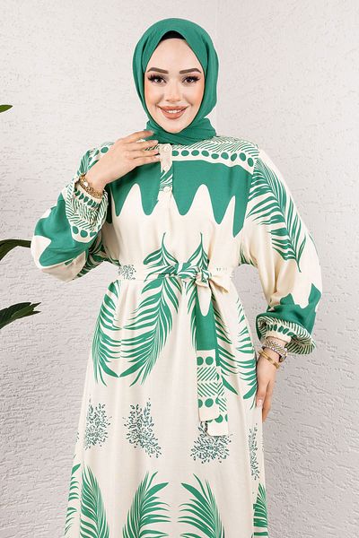 Tesettür Dünyası Πράσινο Ethnic Print Φόρεμα Waterway Viscose - TSD 240955