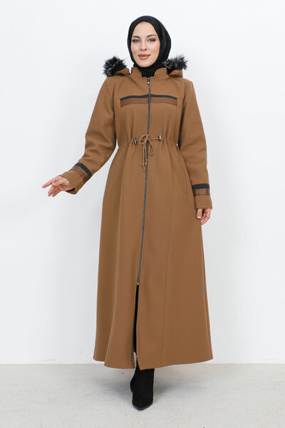 Tesettür Dünyası Leather Detailed Full-Length Zipper Coat TSD231116 Camel