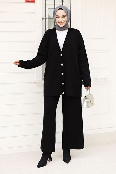 Tesettür Dünyası Stone Detailed Black Knitwear Cardigan Set - Tsd 240932