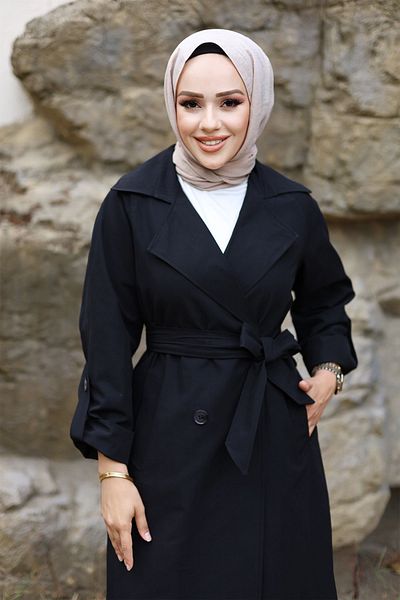 Tesettür Dünyası Black Trench Coat - Fold Sleeve Detail, Tsd 240921