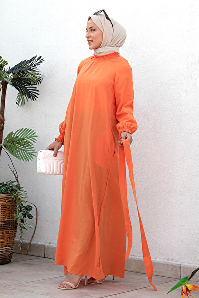 Tesettür Dünyası Gipe Detailed Hijab Long Hijab Dress Tsd221204 Orange
