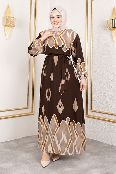 Tesettür Dünyası Χρώμα καφέ γαρνιρισμένο φόρεμα Hijab TSD250143