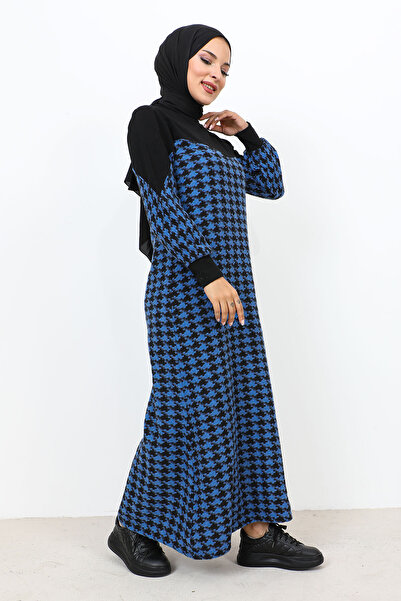 Tesettür Dünyası Довга сукня з капюшоном з візерунком «гусяча лапка» TSD231102 Синя