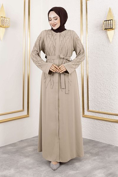 Tesettür Dünyası Μπεζ Abaya - Κρυφό φερμουάρ και λεπτομέρεια από πέτρα TSD250112