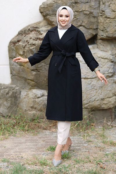 Tesettür Dünyası Black Trench Coat - Fold Sleeve Detail, Tsd 240921