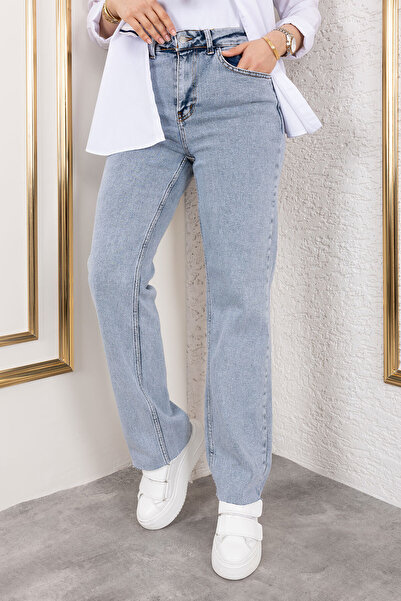 Tesettür Dünyası Paçası Kesik Yüksek Bel Kot Pantolon TSD250120 Açık Mavi