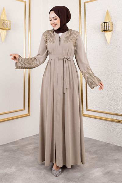 Tesettür Dünyası Μπεζ Abaya - Κέντημα και Λεπτομέρεια από πέτρα, TSD 250110