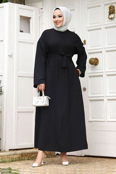 Tesettür Dünyası Bat Sleeve Waist Belted Ferace TSD240204 Black