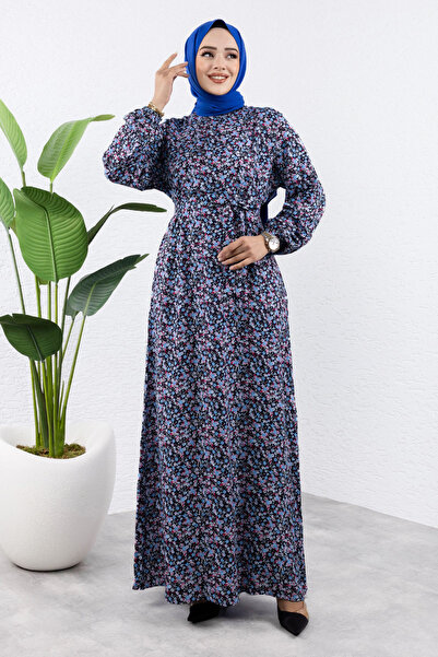 Tesettür Dünyası Πολύχρωμο λουλουδάτο μακρύ μαντίλι φόρεμα από βισκόζη TSD240920 Ναυτικό μπλε