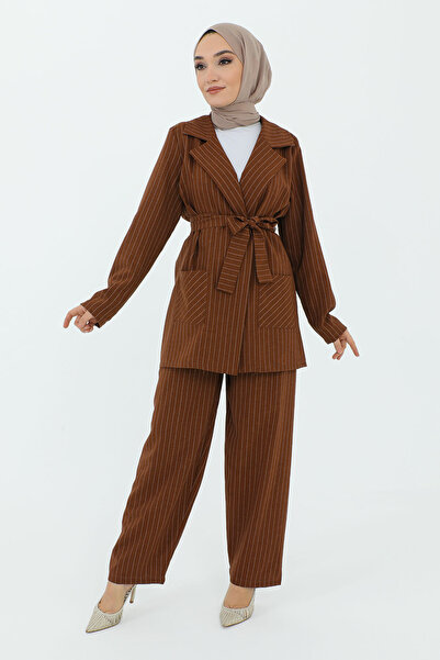 Tesettür Dünyası Maral Double-breasted Collar Belted Jacket Suit TSD231211 Brown