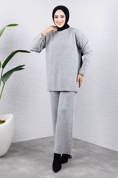 Tesettür Dünyası Gray Knitwear Set - Button Detail, Tsd 240947