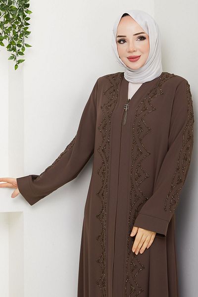 Tesettür Dünyası Καφέ Abaya με λαιμόκοψη TSD 250123