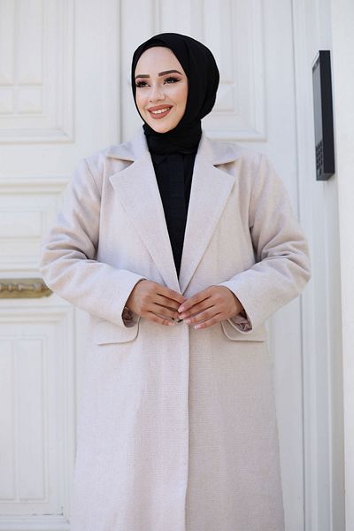 Tesettür Dünyası Beige Herringbone Patterned Coat - Tsd 240925