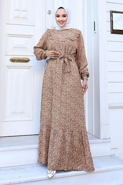 Tesettür Dünyası Φόρεμα Camel Viscose - Βολάν μπροστινή λεπτομέρεια και φλοράλ στάμπα TSD240614