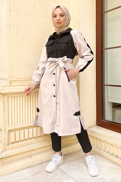 Tesettür Dünyası Διπλό Χρώμα Trench Coat Tsd0919 Ecru