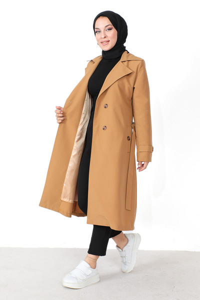 Tesettür Dünyası Düğme Detaylı Trençkot TSD230820 Taba