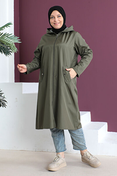 Tesettür Dünyası Velký trenčkot s kapucí Tsd230503 Khaki