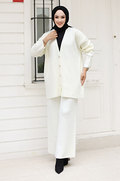 Tesettür Dünyası Σετ ζακέτα με κουμπιά από λευκή πέτρα - TSD 240932