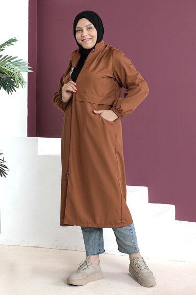 Tesettür Dünyası Velký trenčkot s detailem nášivky Tsd230505 Cinnamon