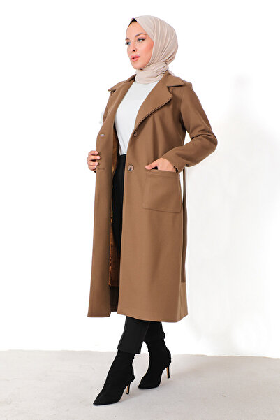 Tesettür Dünyası Kapsovaný kašmírový kabát TSD230815 Tan
