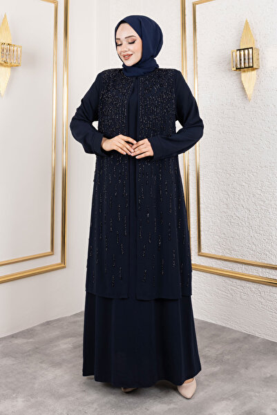 Tesettür Dünyası Stone Detailed Long Hijab Dress Tsd250130 Navy Blue