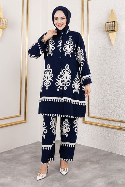 Tesettür Dünyası Navy Blue Viscose Suit - Ethnic Pattern Tsd 250113