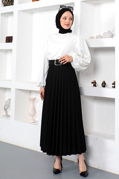 Tesettür Dünyası Belted Pleated Skirt Tsd230113 Black
