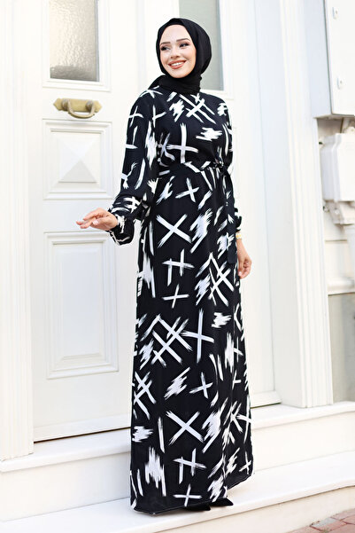 Tesettür Dünyası Fırça Desenli Beli Kuşaklı Uzun Tesettür Elbise TSD240228 Siyah