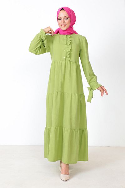 Tesettür Dünyası Φόρεμα Hijab δεμένο μανίκι TSD221207 Πράσινο φιστίκι