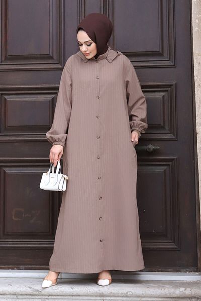 Tesettür Dünyası Plus Size Removable Hooded Buttoned Ferace TSD240219 Mink