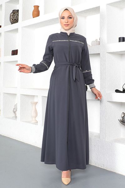 Tesettür Dünyası Hijab με ραβδώσεις Abaya Tsd230328 Γκρι