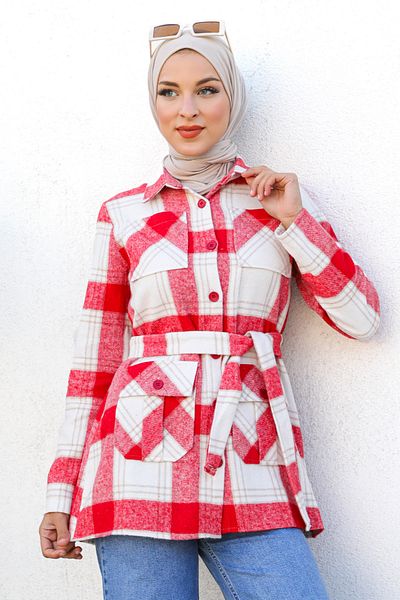 Tesettür Dünyası Pásek Detailed Lumberjack Shirt Jacket Tsd221017 Red