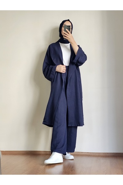 Vent طقم بنطلون كيمونو حجاب نسائي – بدلة صيفية بحزام وياقة سترة |   قماش الكت...