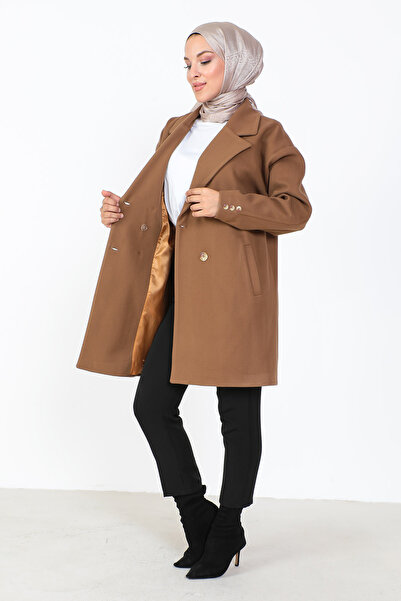 Tesettür Dünyası Double Buttoned Cashmere Coat TSD231014 Tan