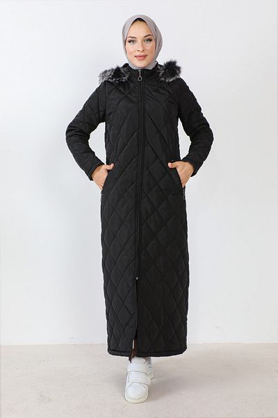 Tesettür Dünyası Long Quilted Coat TSD230923 Black