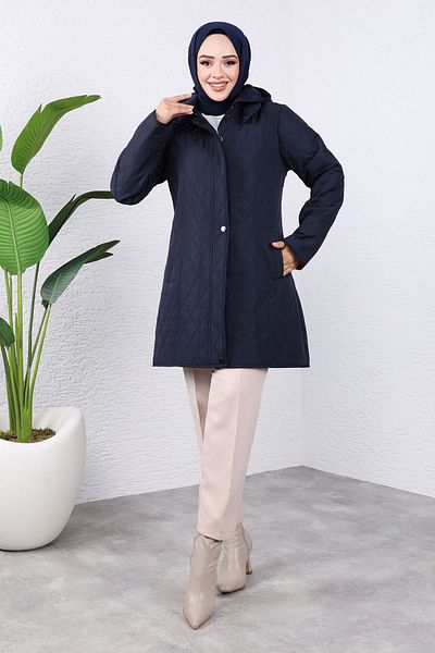 Tesettür Dünyası Καπιτονέ παλτό Navy Blue - Velbua Coated με κουκούλα TSD 240934
