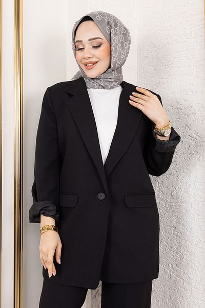Tesettür Dünyası Double Breasted Black Collar Blazer Suit Tsd 250118