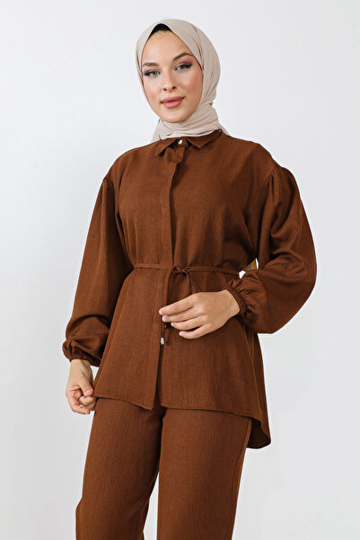 Tesettür Dünyası Διπλή φόρμα με σχοινί μέσης TSD230922 Καφέ