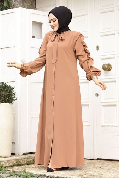 Tesettür Dünyası Ferace TSD with Ruffle Collar and Tie Detail240246 Camel