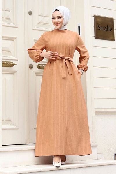 Tesettür Dünyası Tan Hijab φόρεμα - Κυρίαρχος γιακάς και ζωσμένη μέση Tsd 240313