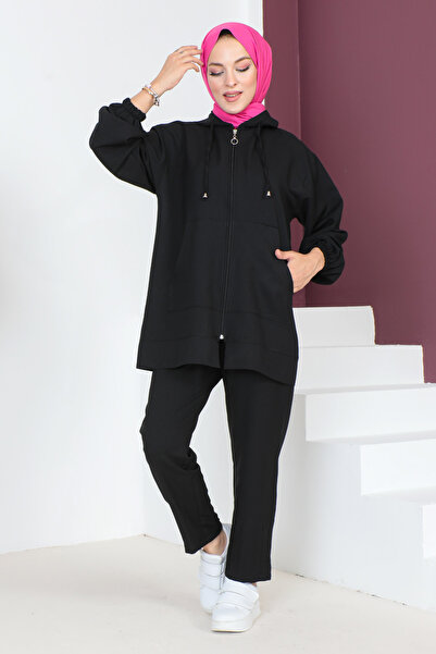 Tesettür Dünyası Kapucnis dupla öltöny TSD230703 Fekete