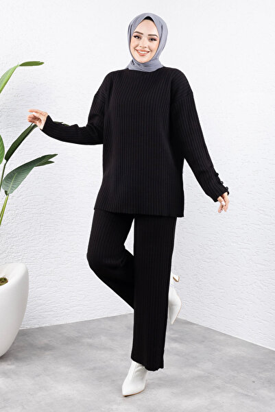 Tesettür Dünyası Black Knitwear Set - Button Detail Sleeve, Tsd 240947