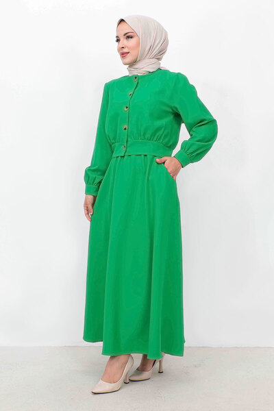 Tesettür Dünyası Skirt Pocketed Buttoned Double Suit TSD231113 Green
