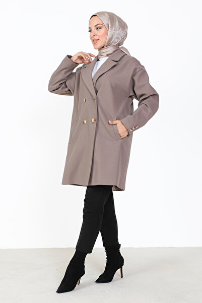 Tesettür Dünyası Double Buttoned Cashmere Coat TSD231014 Mink