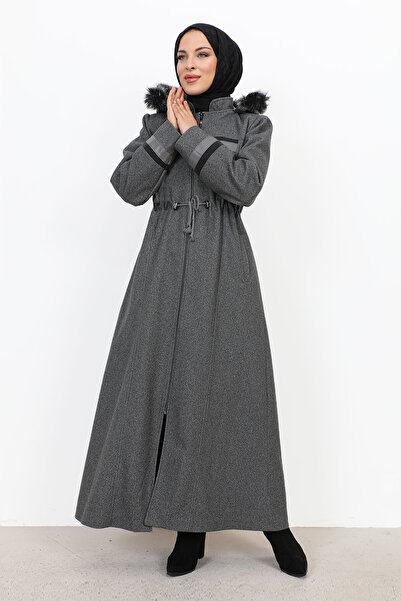 Tesettür Dünyası Leather Detailed Full-Length Zipper Coat TSD231116 Smoked