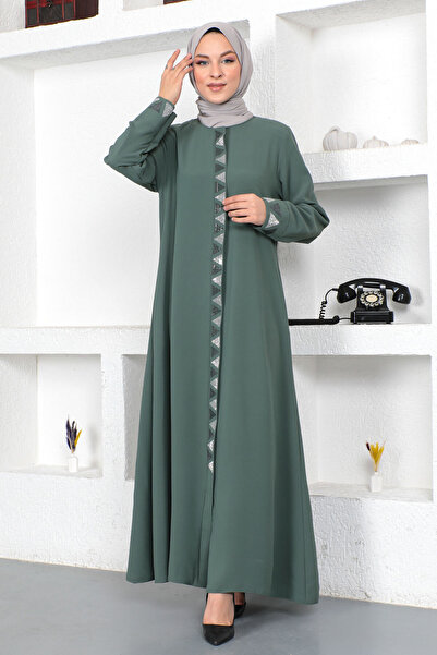 Tesettür Dünyası Zelený hidžáb Çağla Ferace - vyšívané trojuholníkové vločky,...