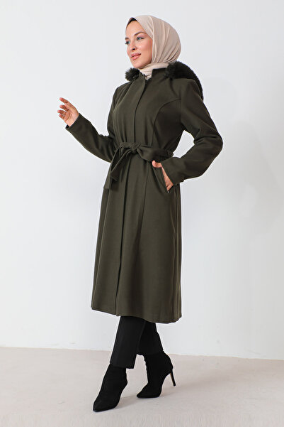 Tesettür Dünyası Kašmírový kabát se skrytým zipem TSD230813 Khaki