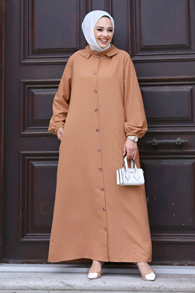 Tesettür Dünyası Plus Size Removable Hooded Buttoned Ferace TSD240219 Tan