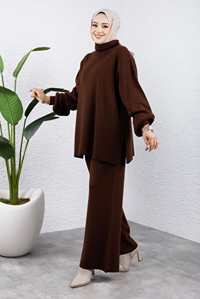 Tesettür Dünyası Bitter Brown Balloon Sleeve Knitwear Set - Tsd 240952